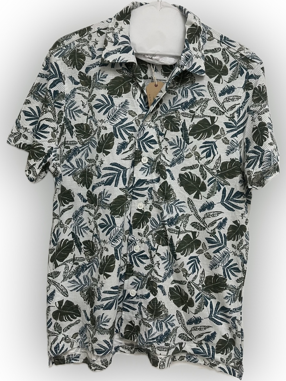 Kahuna Bay Men's Short-Sleeve Leaf Print Button-Up Shirt - White/Green/Blue